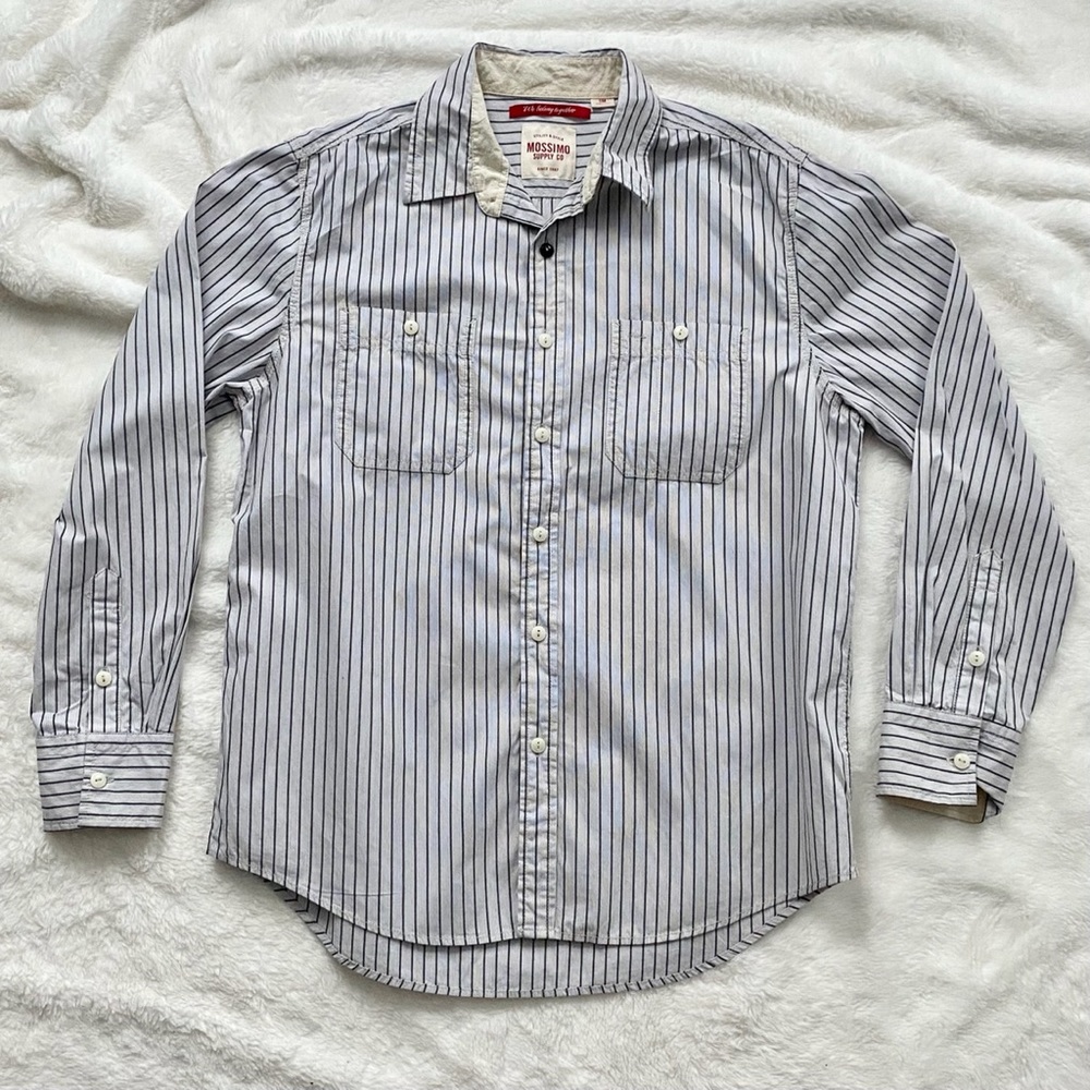 Mossimo Men’s Pinstripe Button Up Shirt Blue Tan Size Medium